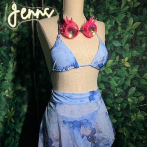 Liquid Sky Mesh Skirt Set – Blue Marble Two-Piece Festival Outfit